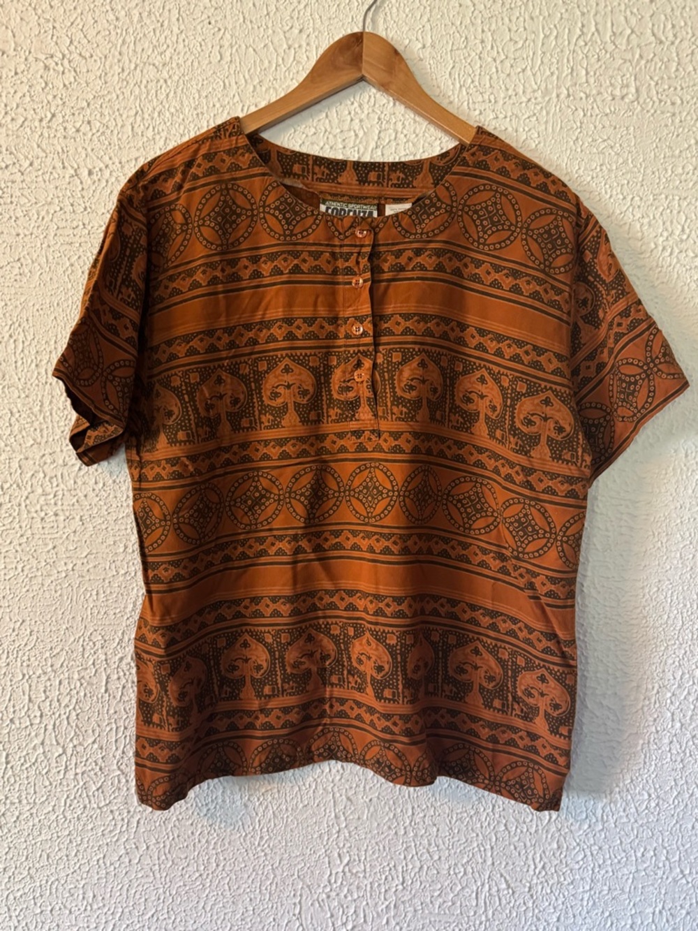 Vintage Forenza Earth-Tone Printed Short-Sleeve Boho Top - Rust